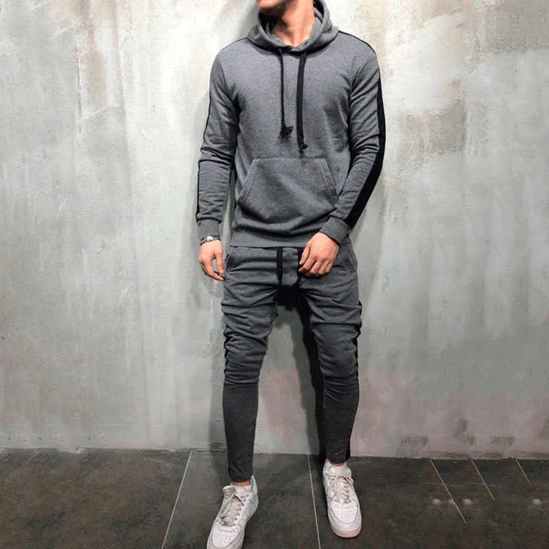 2 stück Sets Trainingsanzug Männer Marke Herbst Winter Mit Kapuze Sweatshirt + Kordelzug Hosen Männlichen Streifen Patchwork Hoodies Y0831