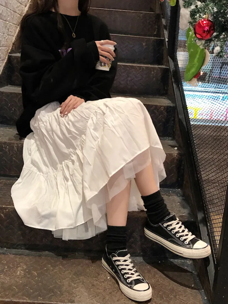 Boho saia longa para mulheres harajuku estilo coreano branco preto maxi adolescentes cintura alta escola 220216