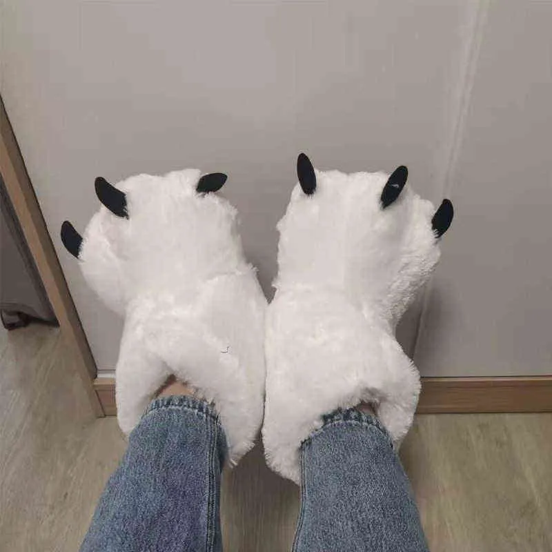 Mignon peluche ours blanc patte longue tube coton chaussures couple intérieur hiver maison chaud dessin animé antidérapant designer fourrure pantoufles 211229