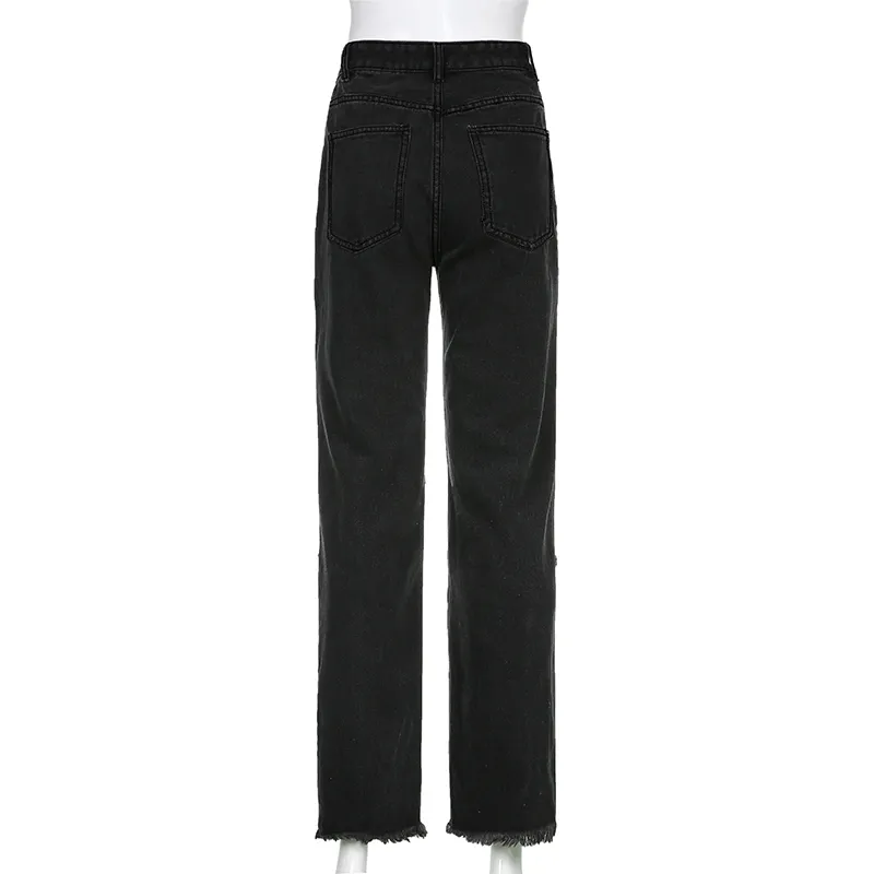 Jeans déchirés noirs Y2K pour filles Fashion Femmes Nouveau gland Vintage Denim Pantalon irrégulier Taille haute Pantalon Harajuku Capris 210415