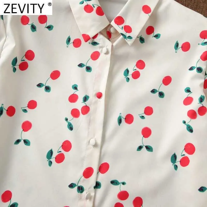 Zevity Women Sweet Cherry Print Casual Smock Blouse Office Ladies Pleat Puff Sleeve Spännskjorta Chic Blusas Tops LS9144 210603