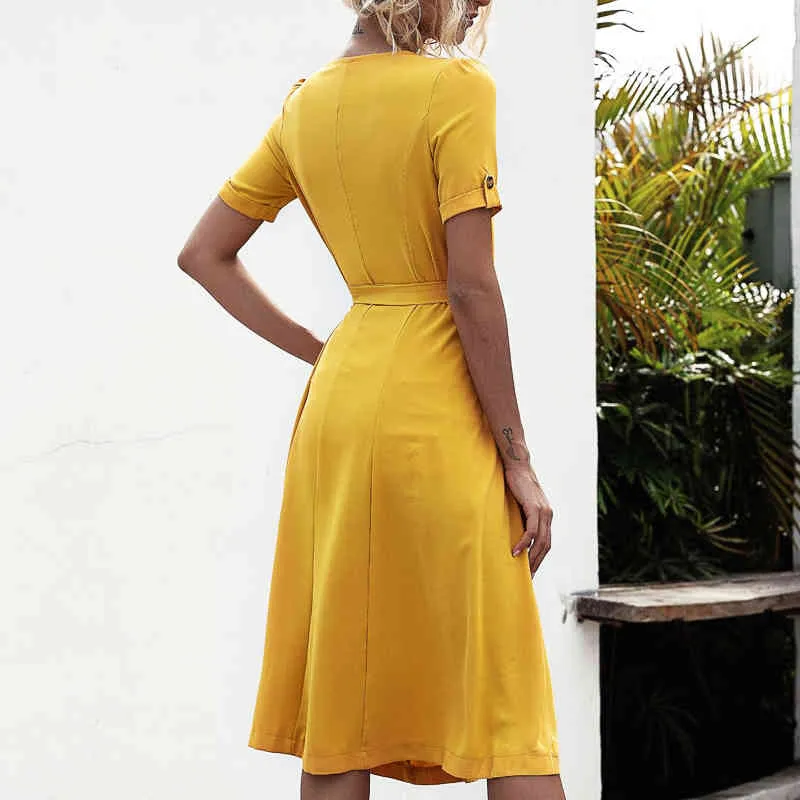 Primavera verão vendendo vestido elegante midi com cinto mulheres v-pescoço de manga curta botão listrado vestido de lace-up para as mulheres 210514