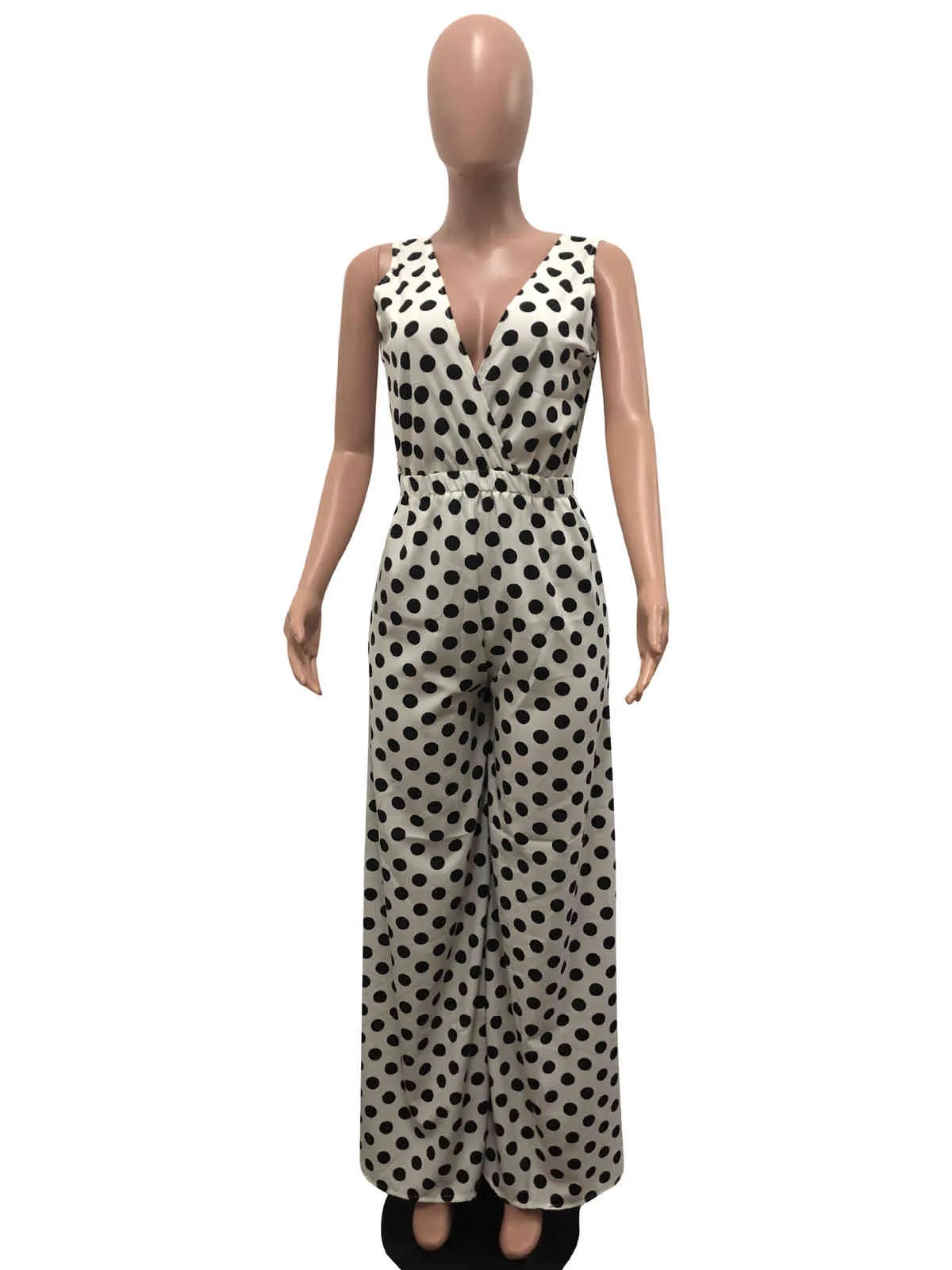 Mulheres Verão Jumpsuit Polka Dot Impressão V Neck Sem Mangas Sem Mangas Pé Casuais Beach Férias Fasesion Férias Romper Playsuits Feminino 210416