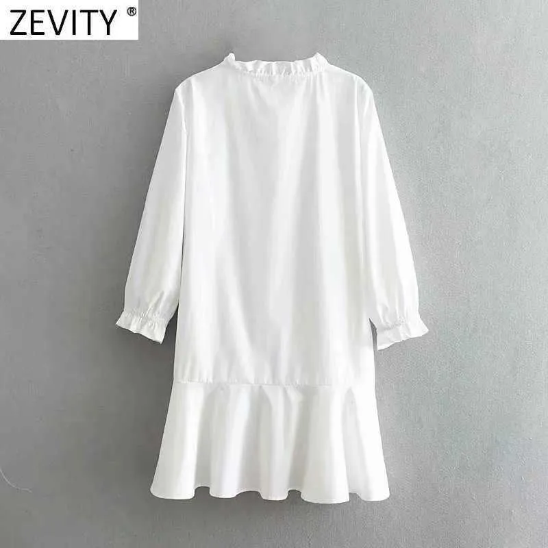 Zevity Women AgaricレースOネックホワイトシャツドレス女性裾のパッチワークフリルカジュアルvestidoシックなビジネスドレスDS4801 210603