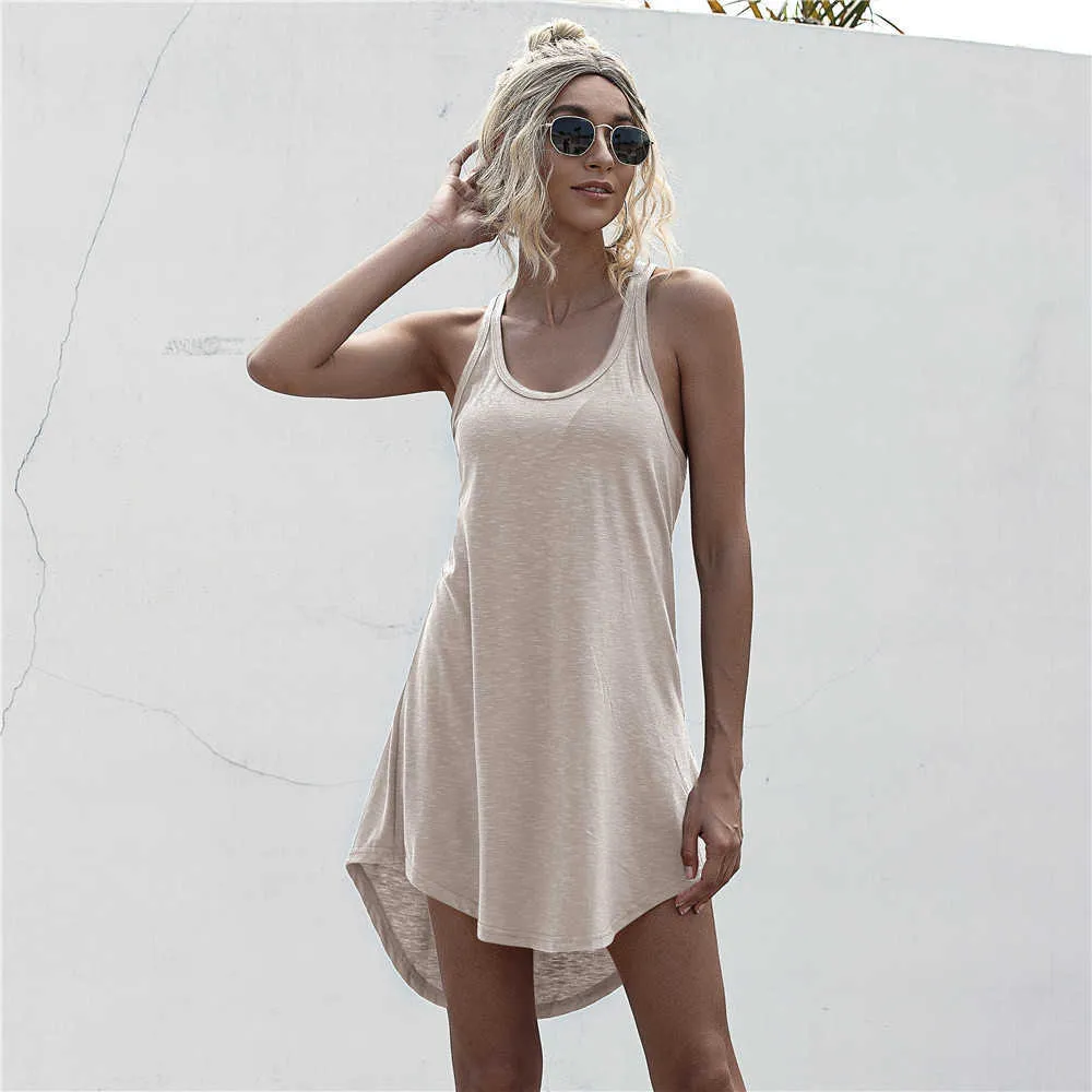 Solid Casual O-neck Sleeveless Tank Dress Women Loose Off Shoulder Asymmetrical Cotton Mini Dress Summer Streetwear Plus Size 210621