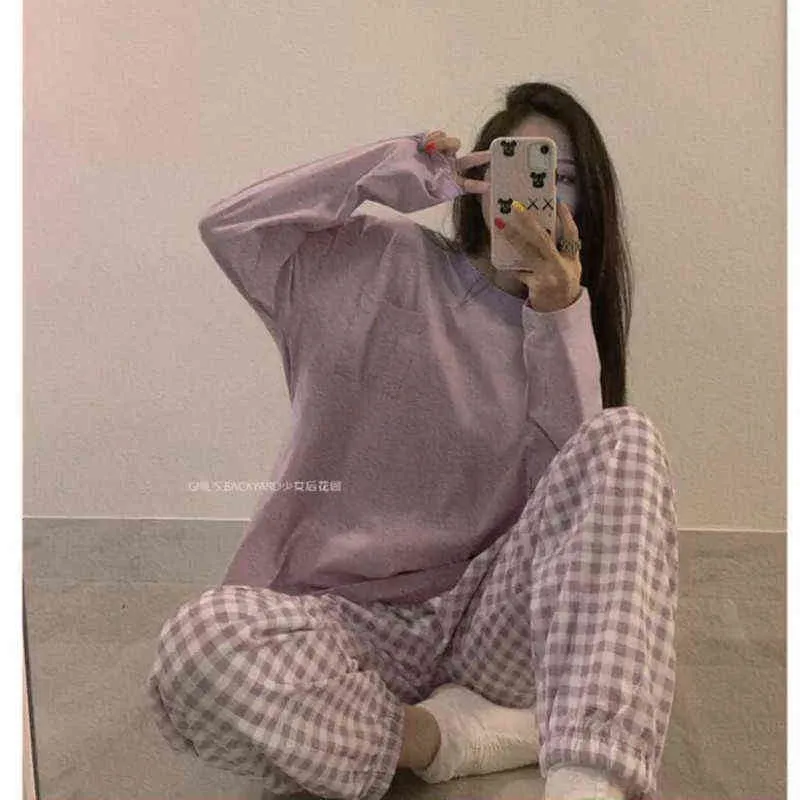 Pajamas for Girls Sleep Tops + Plaid Pants Home Clothes Women Loungewear Pijamas Femme Sleepwear Korean Style Trouser Suits 211109