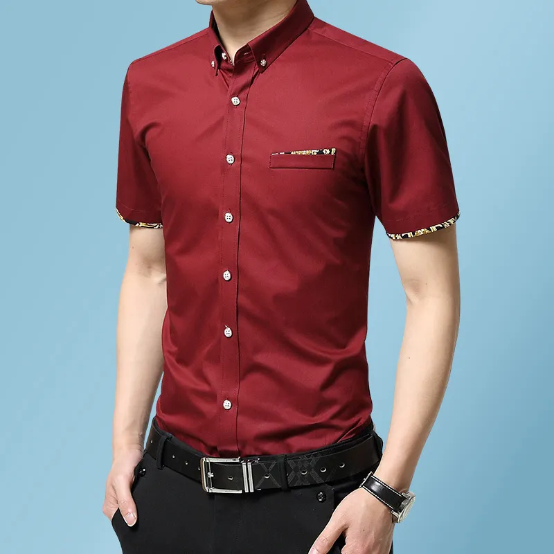 Solidna koszula Męskie Letnie Casual Slim Formalne Koszule Mężczyźni Pracy Biznes Marka Camisas Patchwork Krótki Rękawem Koszulki Homme 19 + Kolory 210524