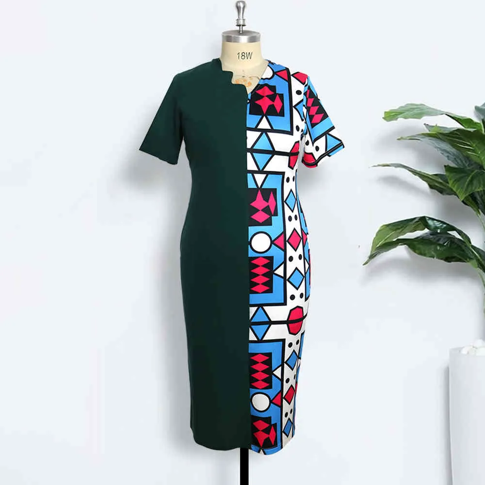 Robe Moulante 5XL Imprimé Géométrique Patchwork Vert Foncé Slim Fit Robes Plus La Taille 3XL 4XL Soirée De Soirée Élégante Femmes Vêtements 210416