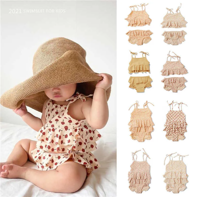 Ks barn tjejer simning kostymer vintage stil vackra blommönster swimwears toddler hawaii kläder set ruffle 210619