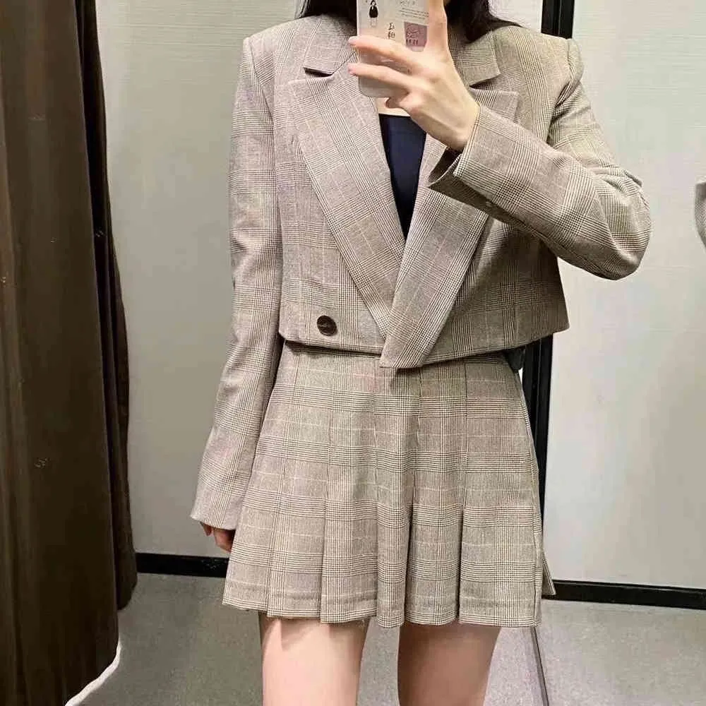 Vintage Sexy One Button Short Women Check Blazer High Waist Irregular Cross Slit Mini Skirt Long Sleeve Suits Set 210520