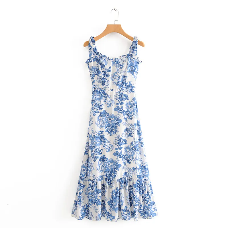 Sommar klänningar kvinnor 2020 vintage blå vit blommig tryck klänning kvinna sexig spaghetti strap slips chiffong elegant ruffle midi klänning x0521