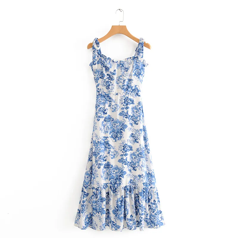 Sommerkleider Frauen 2020 Vintage Blau Weiß Blumendruck Kleid Frau Sexy Spaghettibügel Krawatte Chiffon Elegantes Rüschen Midikleid X0521