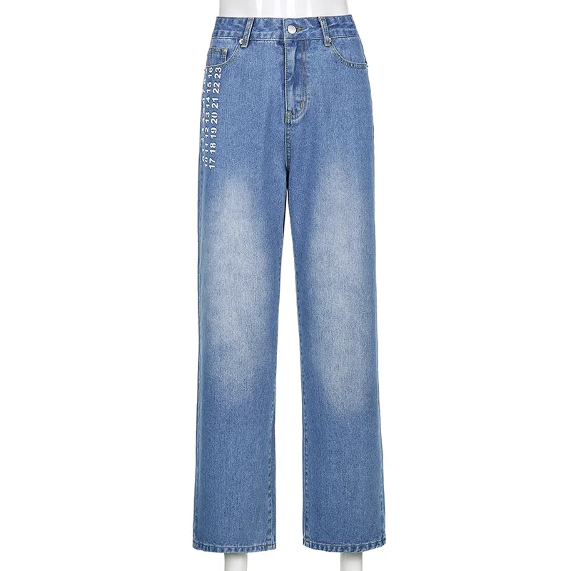 Bleu Nombre Imprimer Droite Y2K Jeans Pour Filles Femmes Mode Denim Pantalon Vintage Taille Haute Pantalon Harajuku Capris 210415