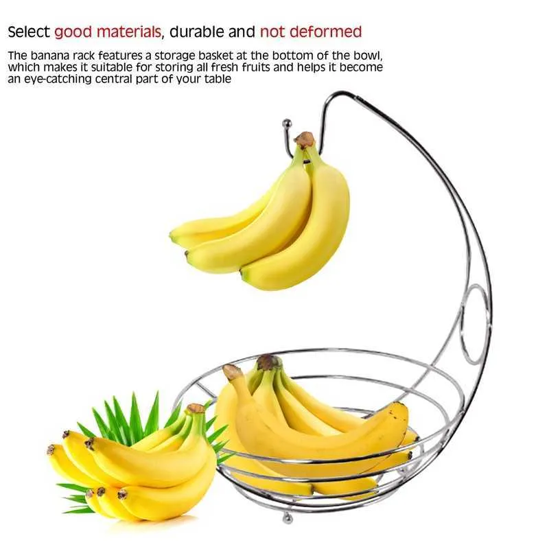 2 in 1 Creative Lovely Chrome Banana Hanger Fruit Bowl Tree Holder Storage Basket Stand Hook 210609