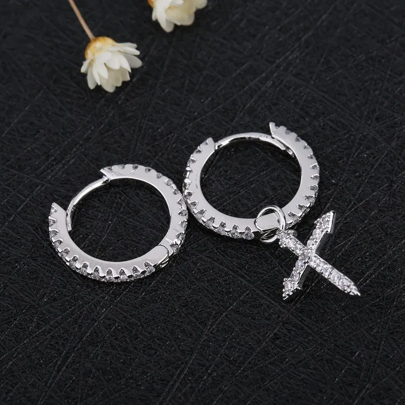 Sterling Silver Mosaic Cubic Zircon Cross Pendant Earrings For Women Asymmetric Hoop Earring S-E1093