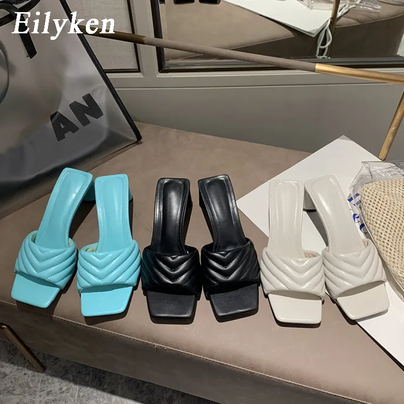 Eilyken Moda Elegante Pantofole da Donna di Alta Qualità Solido Accogliente Pelle PU Sandali con Punta Quadrata Femme Tacco Basso Scarpe da Sera DFDG4423