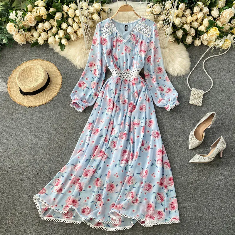 Singreiny Mulheres Chiffon Floral Vestido Longo Outono Francês Retro Spruff Sleeve V Pescoço A-Linha Vestido Chic Hollow Lace Boho Vestido de Impressão 210419