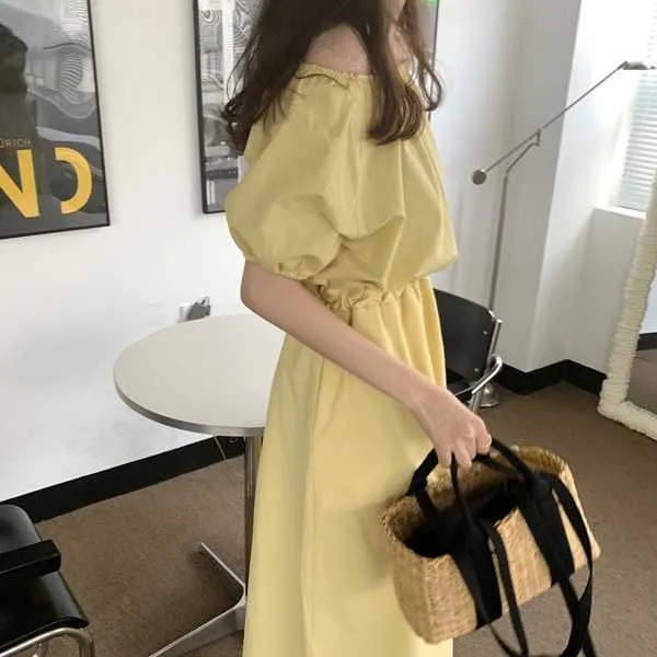 Korejpaa Abito donna estivo coreano chic delicato giallo limone girocollo design a pieghe vita alta tasca manica a sbuffo Vestido 210526