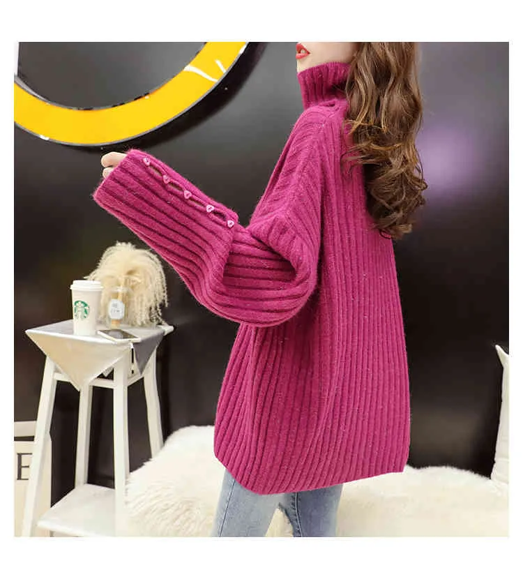 H.SA Turtleneck Sweater and Pullovers for Women Button Hollow Out Pull Sweaters Korean Oversized Red Winter Knit Jumper 210417
