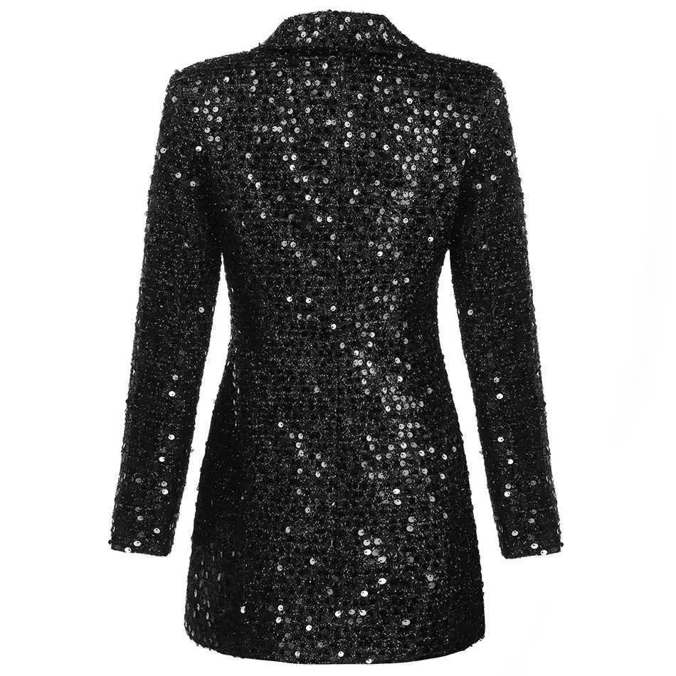 Haute Qualité Designer De Mode Blazer Femmes Double Lion Boutons Col Châle Paillettes Paillettes Longue Piste Noir Blazers 211006