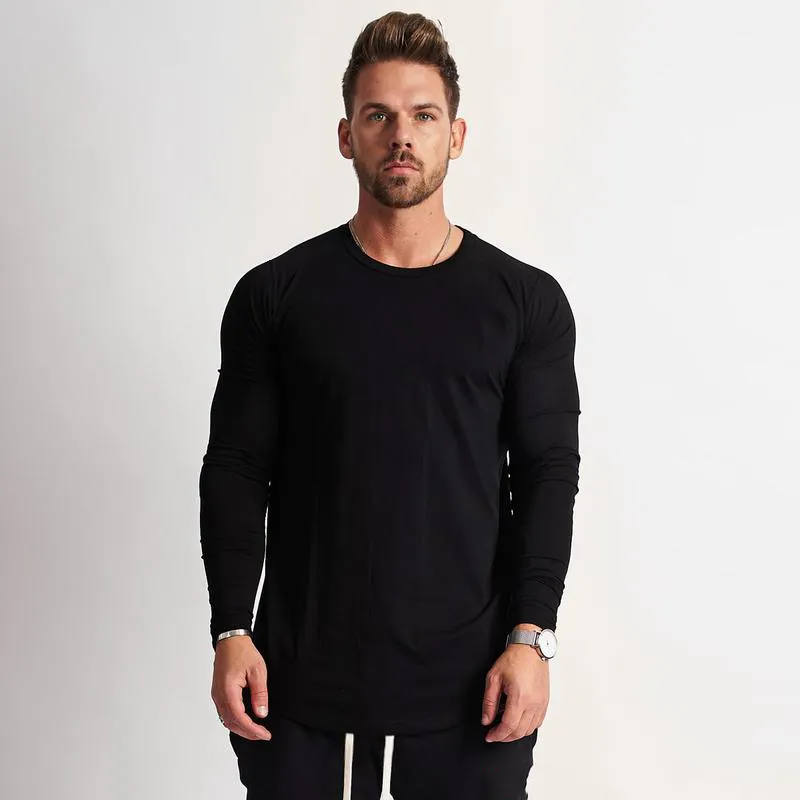 Neue klassische feste Langarm-T-Shirt Männer Modemarke Kleidung lässig Slim Fit Fitness Stretch Baumwolle O-Ausschnitt T-Shirt männlich 210421