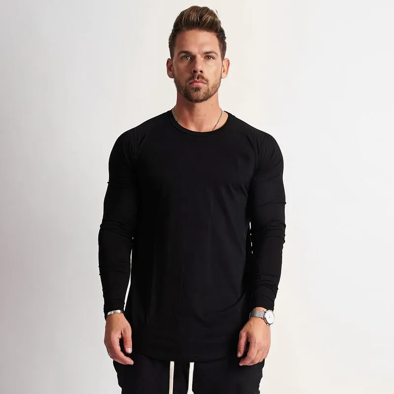 Nieuwe Classic Solid Lange Mouw T-shirt Mannen Merk Kleding Casual Slim Fit Fitness Stretch Katoen O Hals T-shirt Mannelijke 210421