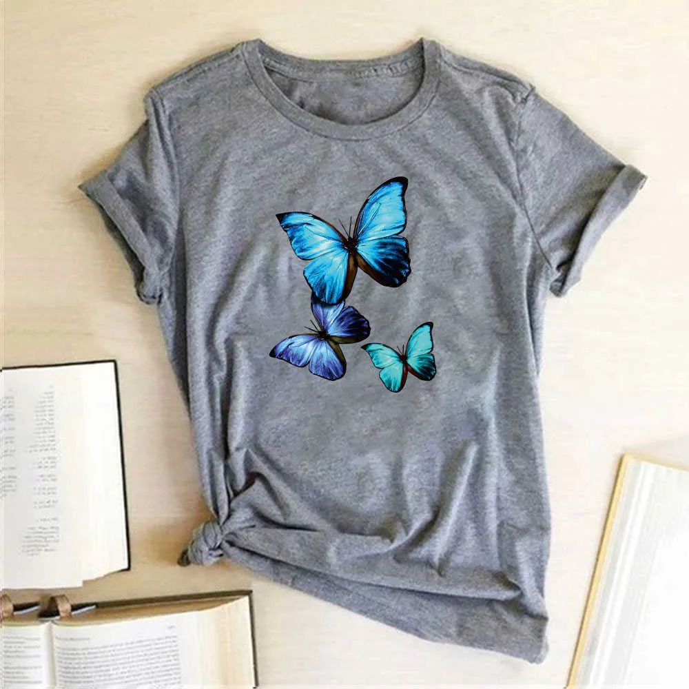Blau Monarch Schmetterling Gedruckt Frauen T-shirt Baumwolle Harajuku Lose T Shirt Frauen Casual Streetwear Oansatz Tops Kleidung X0628