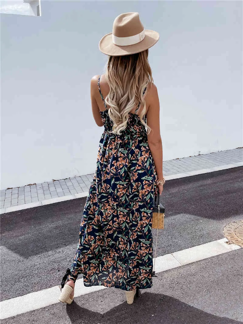 Mujeres gasa estampado floral largo halter correa sin espalda sexy playa streetwear damas sin mangas patchwork boho vestido vestido 210520