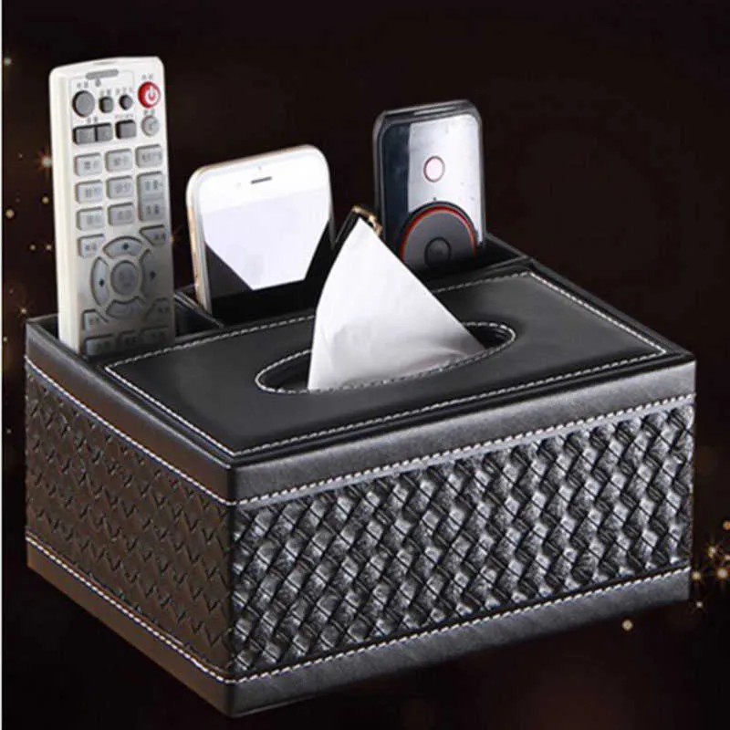 Kreativer rechteckiger Leder-Taschentuchbox-Abdeckungs-Schreibtisch-Make-up-Kosmetik-Organizer Fernbedienungshalter für Home Office Automotive 210818