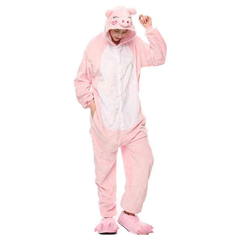 Animal Kigurumis Onesies Sleepwear adulti Cartoon Pink Pig Donna Pigiama invernale Homewear Tuta Pigiama Suit Donna Pagliaccetti 211109