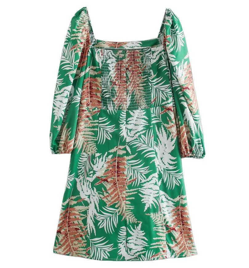 Праздник зеленый тропический стиль листья печать с длинным рукавом платье ретро элегантные женщины квадратный воротник линия короткие платья Vestido 210429