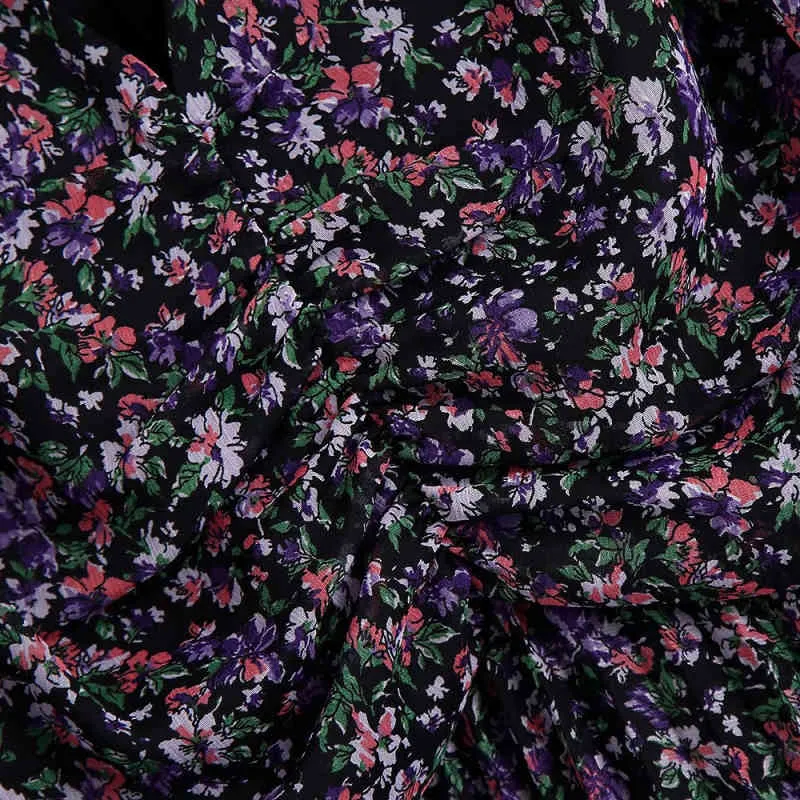 Vintage kobieta purpurowa flora szyfonowa drapowana sukienka wiosna moda damska v neck ruffles es female elegancki miękki 210515