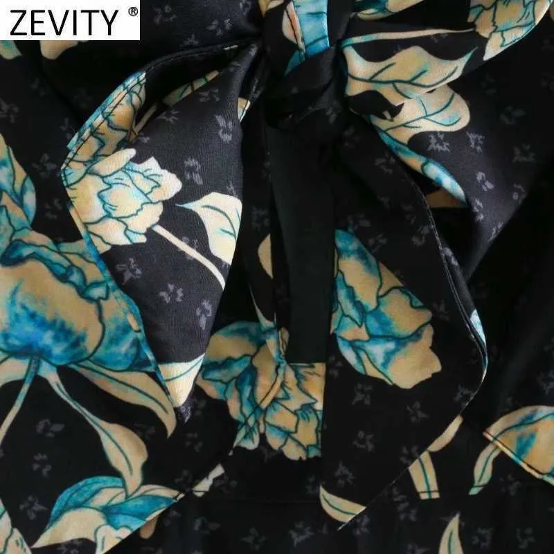 Zevity Donna Vintage Front Bowknot Flower Print Casual Slim Midi Dress Femme Manica lunga A Line Vestido Chic Abbigliamento DS4794 210603