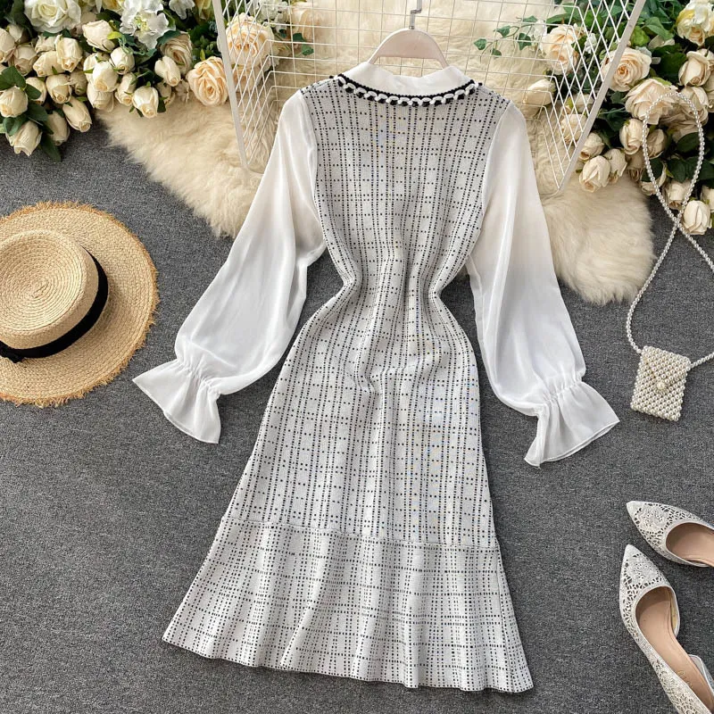 Korean Streetwear Women Elegant Plaid Sweater Dress Autumn Bow Collar Chiffon Patchwork Ruffle Knitted Dresses Robe Femme 210514