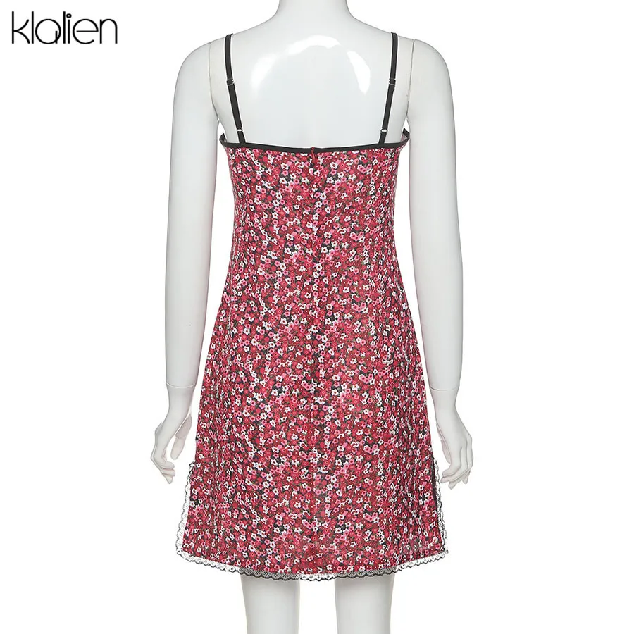 KLALIEN Frauen Sommer Boho Red Strap Minikleid Damenmode niedlich süß College-Stil Kawaii schlank weich Blumenkleid neu 210401