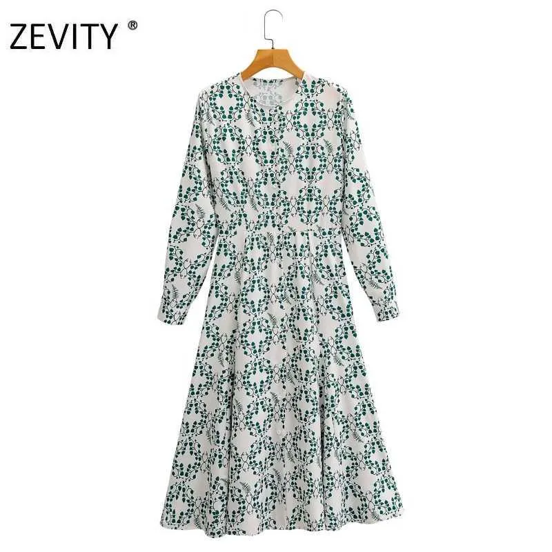 Zevity Frauen Vintage O Hals Langarm Grüne Blätter Drucken Hemd Kleid Büro Dame Breasted Vestido Chic Midi Kleider DS4205 210603