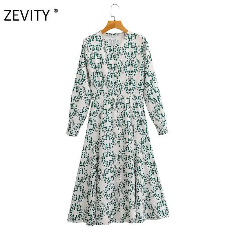 Zevity Women vintage o neck long sleeve green leaves print shirt dress office lady breasted vestido chic midi Dresses DS4205 210603