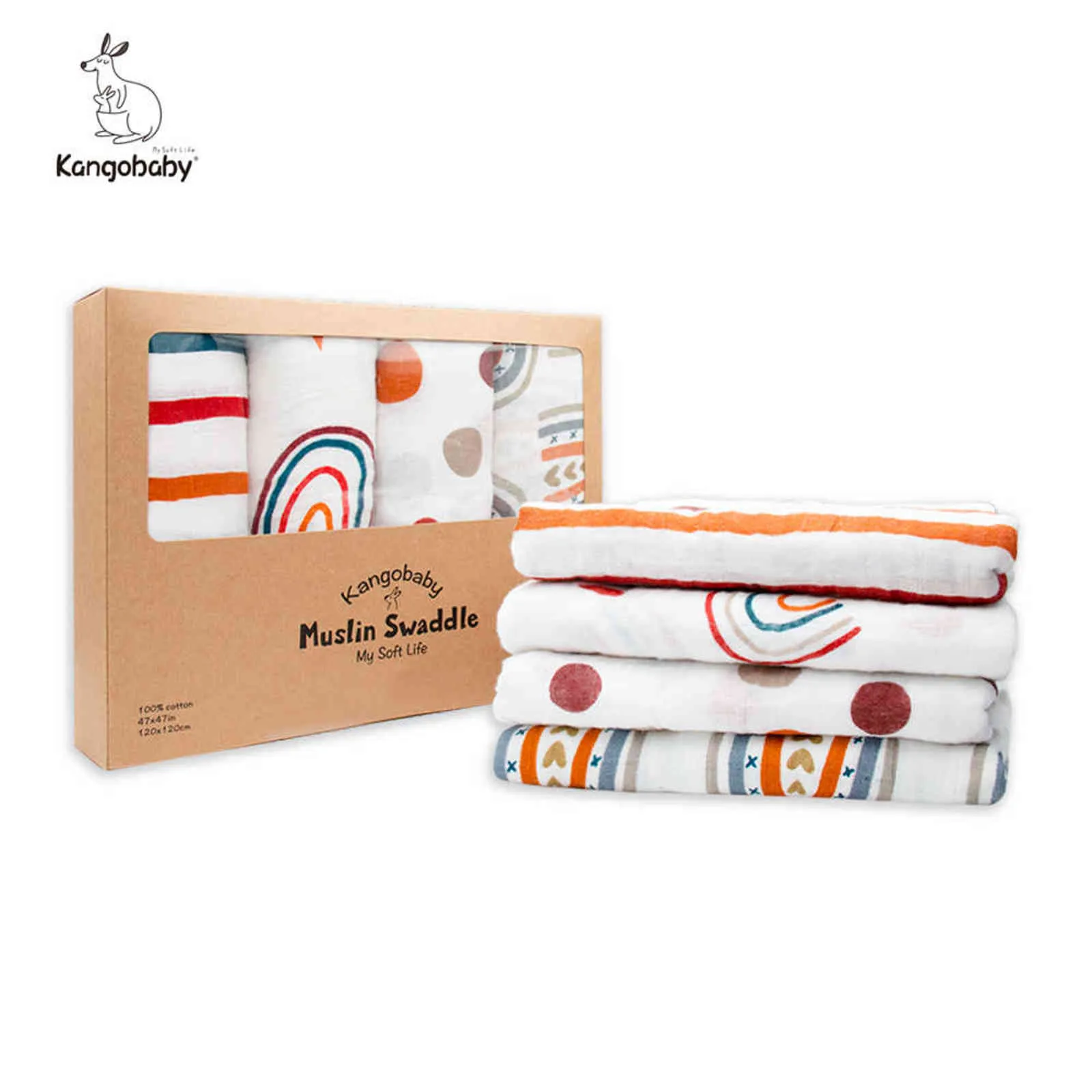 Kangobaby / pack 2-skikt 100% bomull super mjuk och andningsbar baby swaddle background filt för född pekning 211105