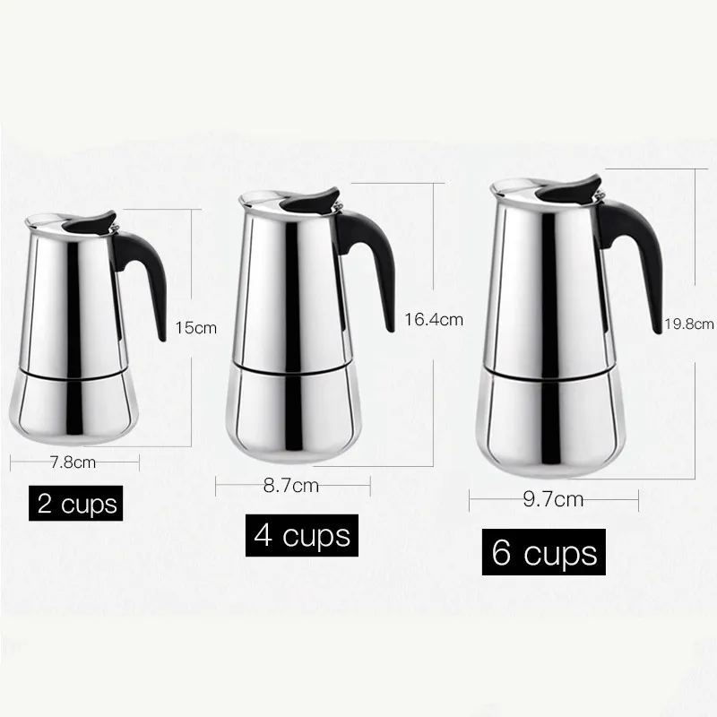 2 - 6 Cups Stainless Steel Moka Coffee Maker Mocha Espresso V60 Latte Stovetop Filter Coffee Pot barista milk pitcher Tools 2104083167