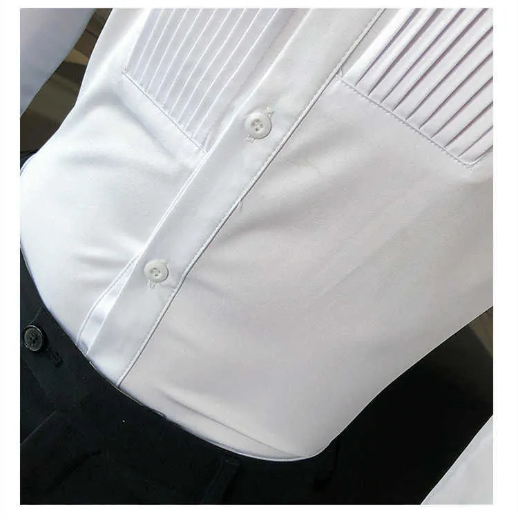 Men Tuxedo Shirts Front Pleated Small Stand Collar Solid Long Sleeve Blouse Male Gentleman Party Wedding Dress Slim Fit TOPS 210626