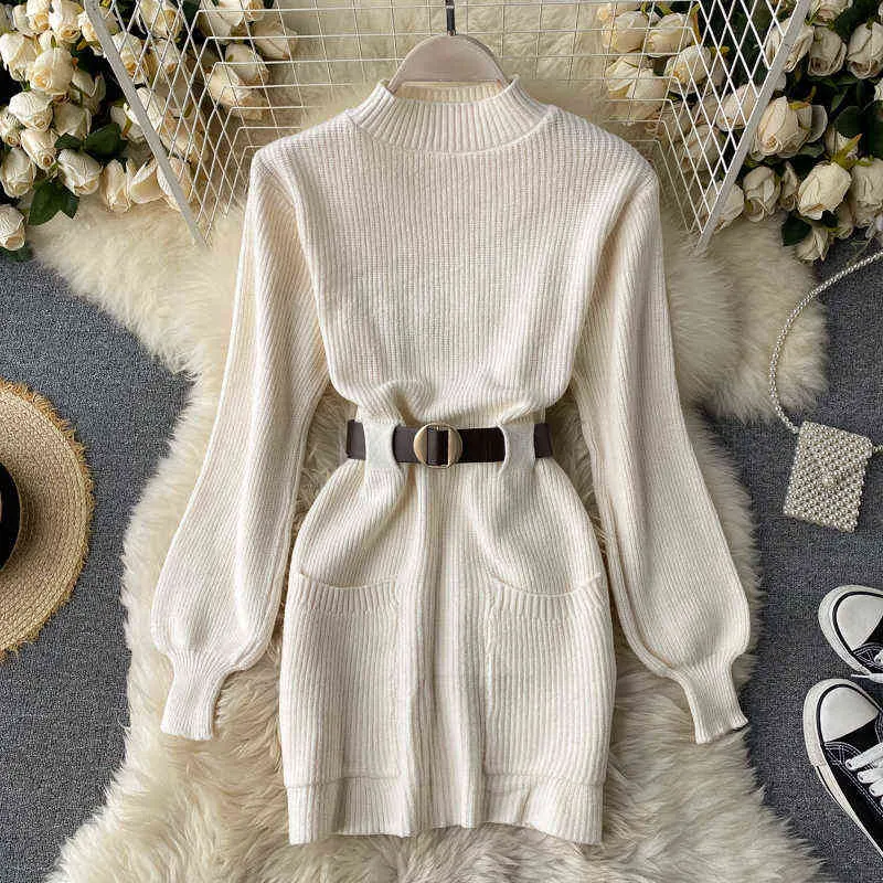 長袖の秋冬ニット女性のドレス女性のためのスリム長袖ホワイトセータードレスvestidos韓国のドレスg1214