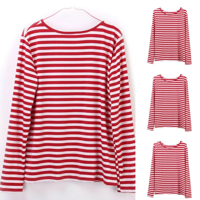 Vrouwen T-Shirt Casual Rood Wit Gestreepte Print Lange Mouwen Losse Vrouwelijke Basic O-hals Tops Mode Dames Streetwear 210522
