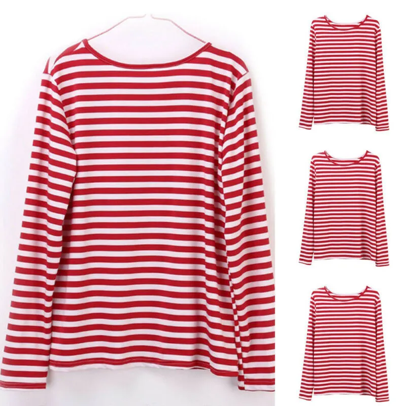 Women T-Shirt Casual Red White Striped Print Long Sleeve Loose Female Basic O-Neck Tops Fashion Ladies Streetwear 210522