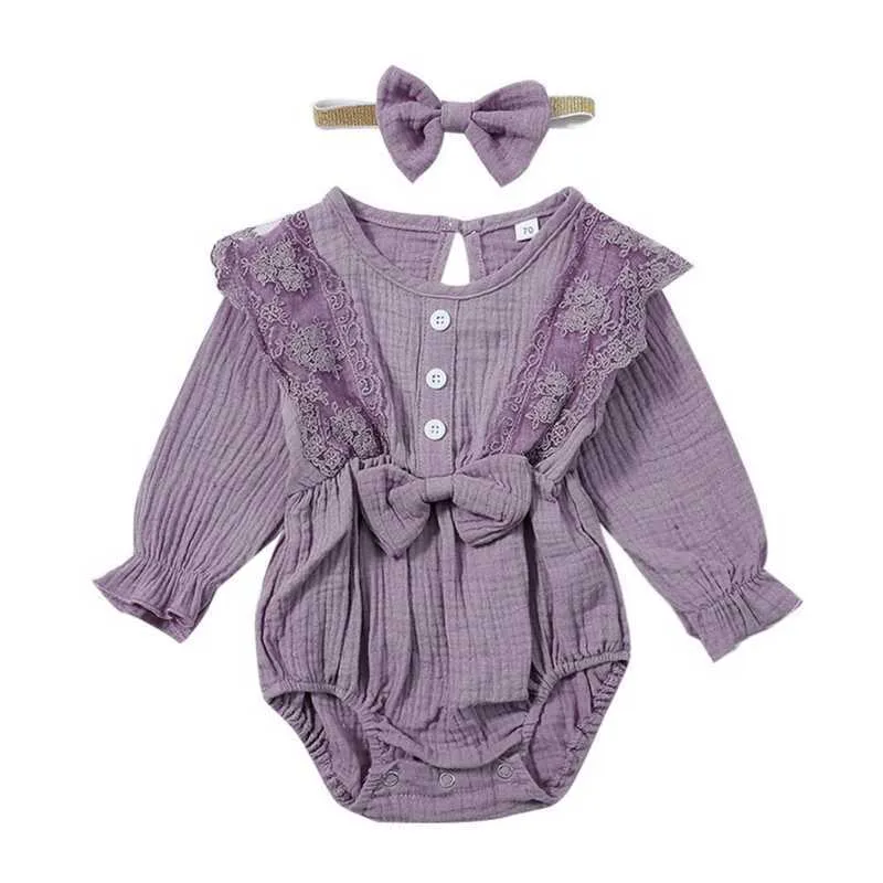 Primavera Baby Girl Body colletto in pizzo cotone manica lunga principessa pagliaccetto con fascia vestiti nati E20578 210610