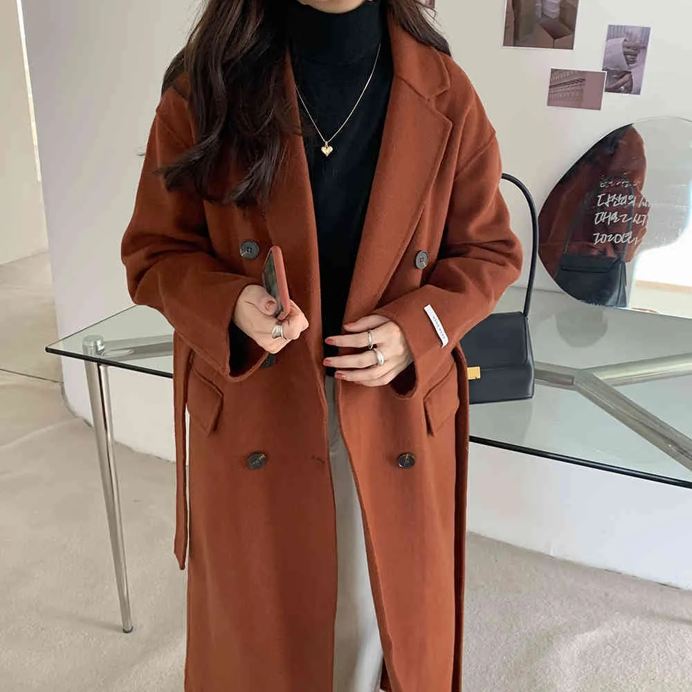 Qooth hiver élégant laine manteau mode femmes marron longs manteaux classique laine pardessus chaleur surdimensionné Outwear QT354 210518