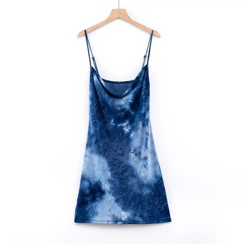 Summer Fashion Sexy Women Tie Dye senza maniche senza spalline cinturino spaghetti blu mini abito da festa elasticità vestiti vintage H0B 210603