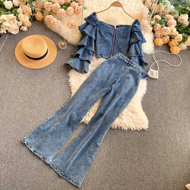 Slim set vintage oversize oversize blu o collo arruffato denim blusa camicetta con cerniera crop top in vita flare pantaloni jeans moda primavera vestiti 210610