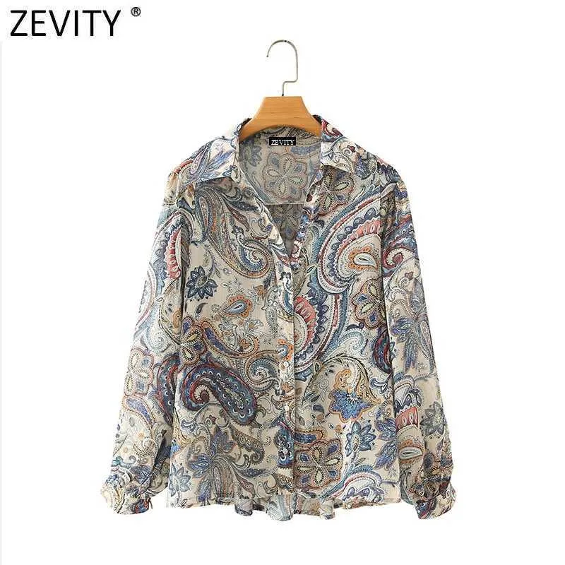 Zevity donna vintage anacardi stampa casual grembiule chic camicetta da donna retrò paisley business blusas femininas camicia top LS7003 210603