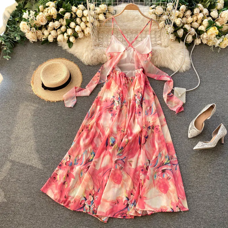 Summer Sexy Women Spaghetti Strap Backless Strapless Long Dress Casual Floral Print Split Beach Fairy 210423