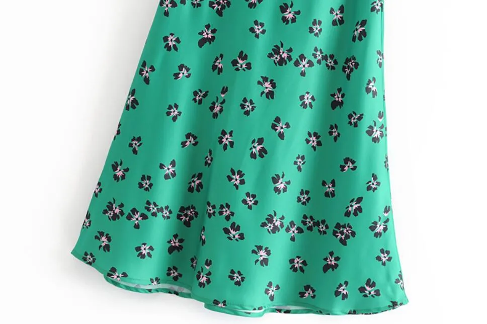 Retro hög midja grön blomma print satin kjol som silke sommar kvinnor elastiska mitten långa a-line kjolar femme 210429